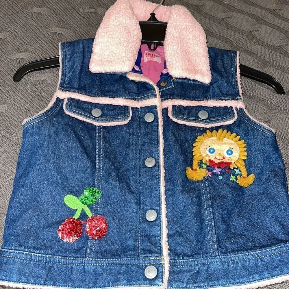 Vintage Mini K Girls Sherpa snap button Patchwork  Embroidered denim vest Size 7